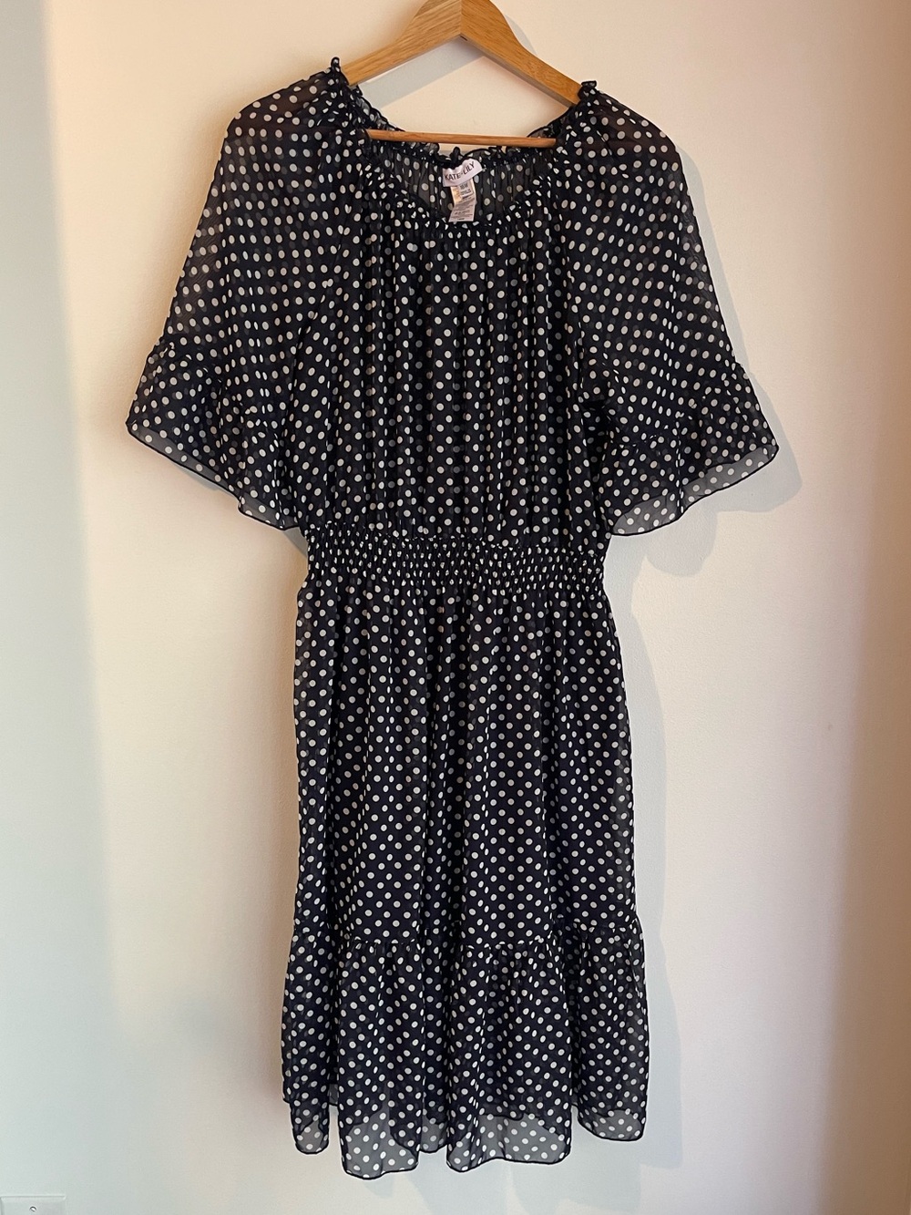 Kate Lily Navy White Polka Dot Midi Dress 16W Flutter Sleeve Smocked Waist